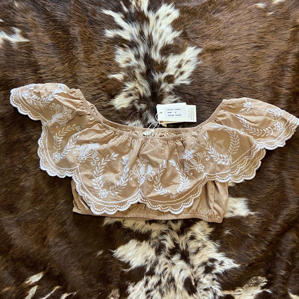 Tan Off-Shoulder Crop Top with White Embroidery